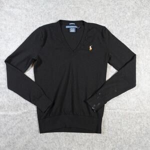 Ralph Lauren Sweater Womens Medium Merino Wool V-Neck Black Jumper Pullover Knit
